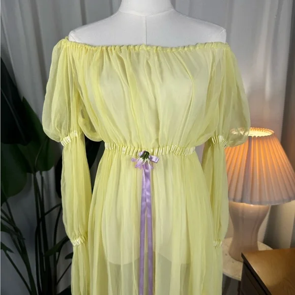 Vintage 1960s Sheer Lemon Nylon Peignoir Gown w/ Lilac Ribbon Rosette sz M/L - Picture 10 of 10